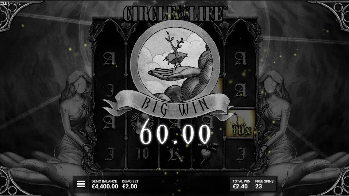 Tampilan visual slot Circle of Life dengan tema monokrom dan pohon kehidupan yang bercahaya.