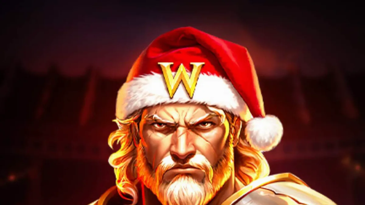 Tampilan visual slot Frosty Rage dengan tema gladiator Natal yang ceria